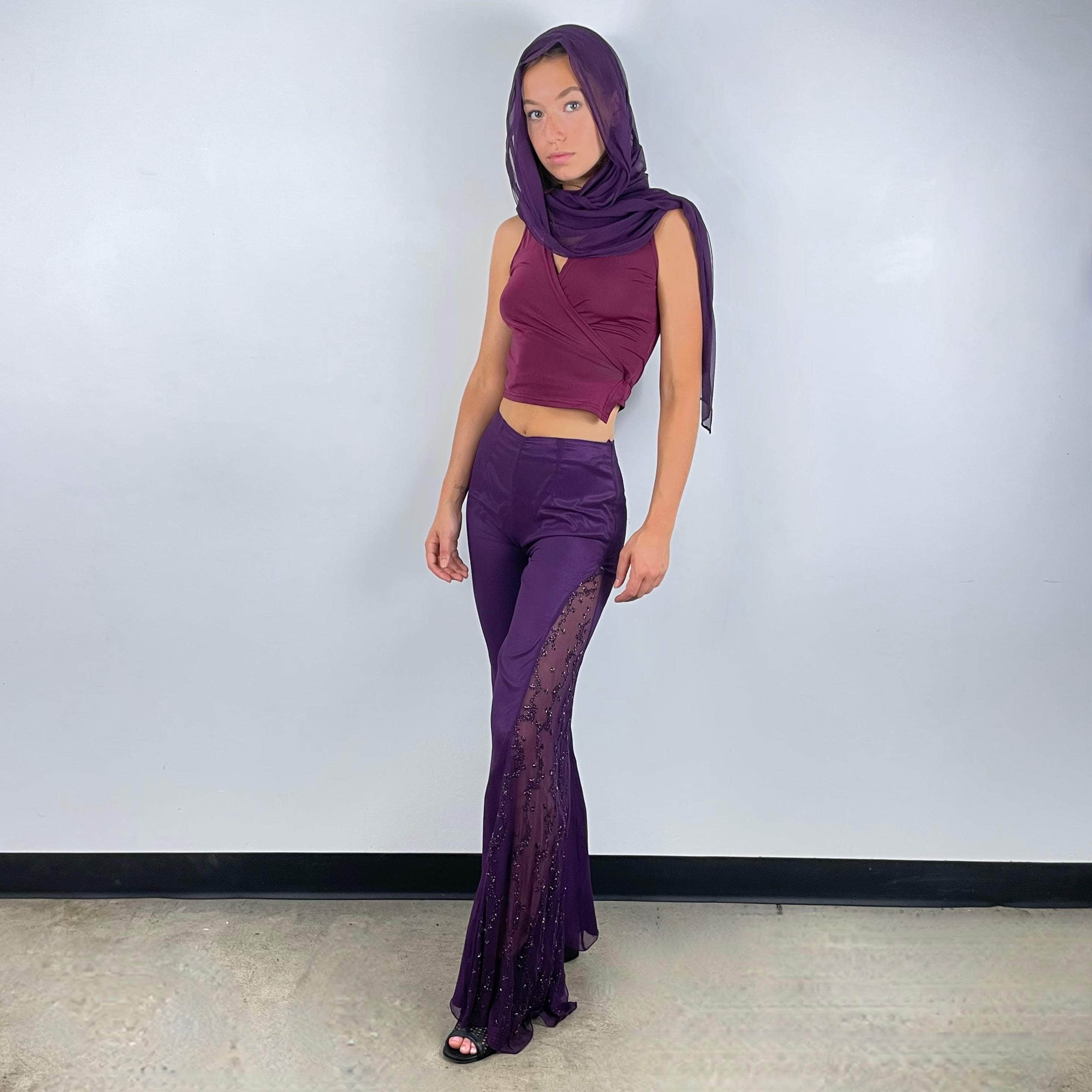 Purple Mid-Rise Sheer Flared Pants with Beading X-Small / Small - Image 5