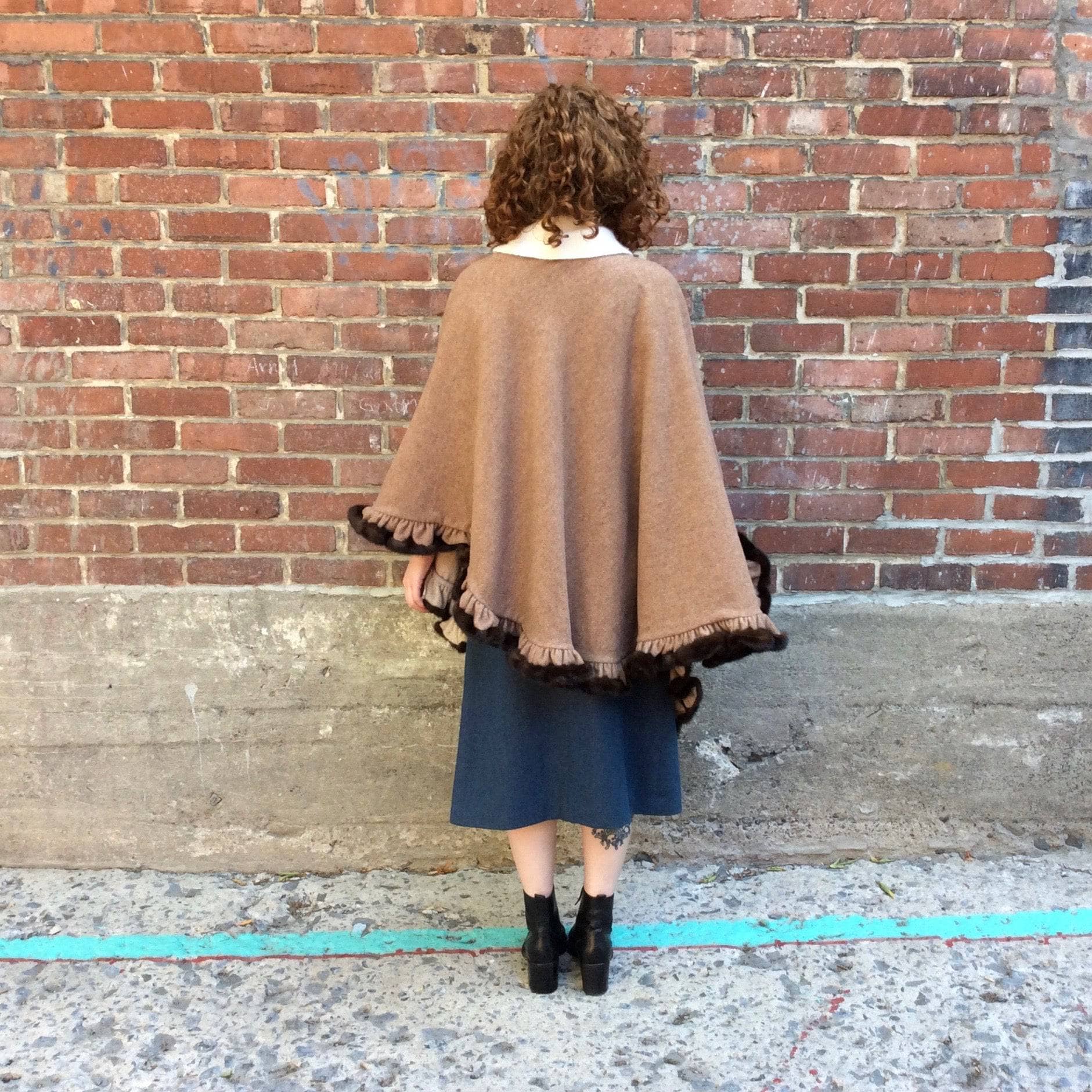 Reversible Wool Shawl With Flounce Hem & Mink Fur Trim - Image 3
