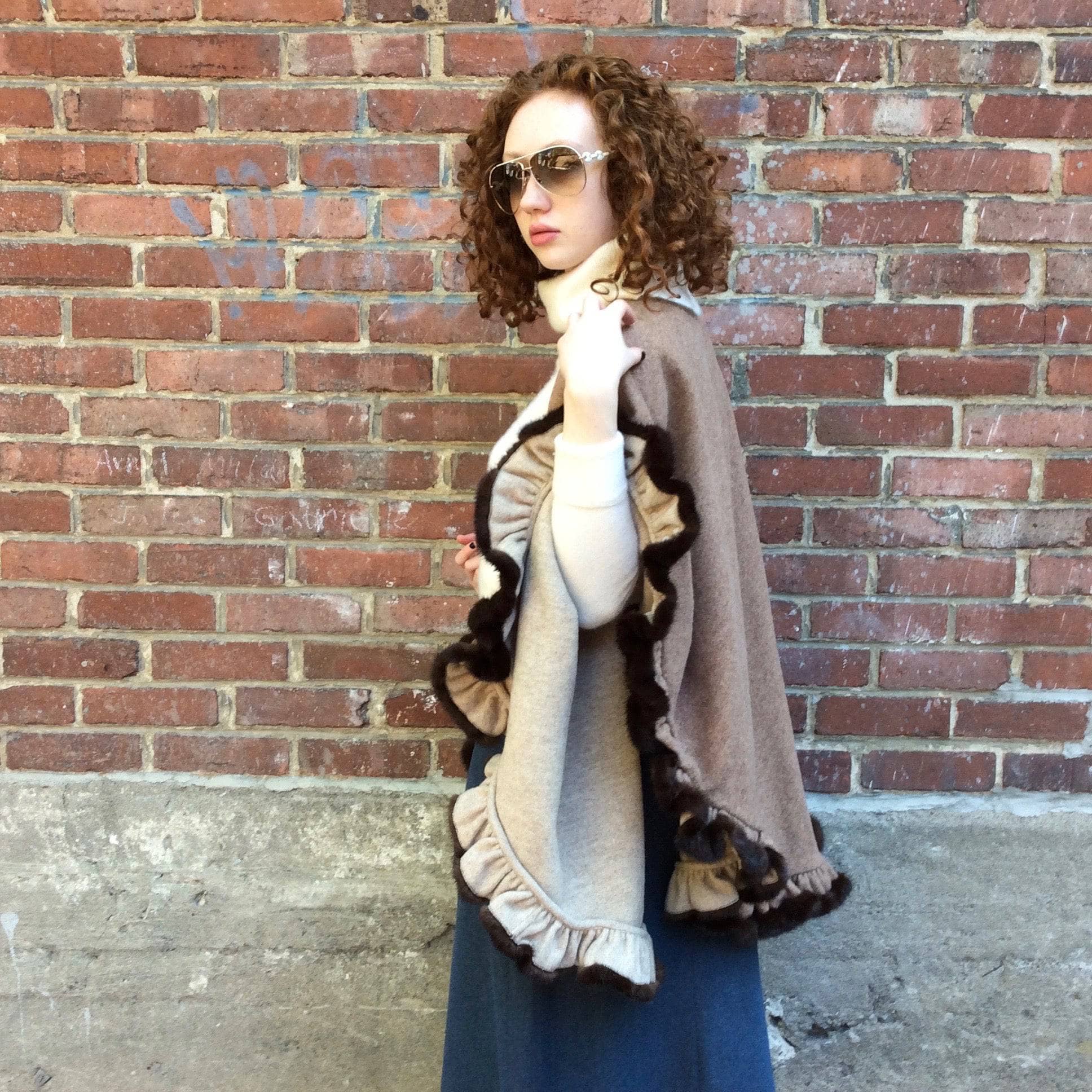 Reversible Wool Shawl With Flounce Hem & Mink Fur Trim - Image 4