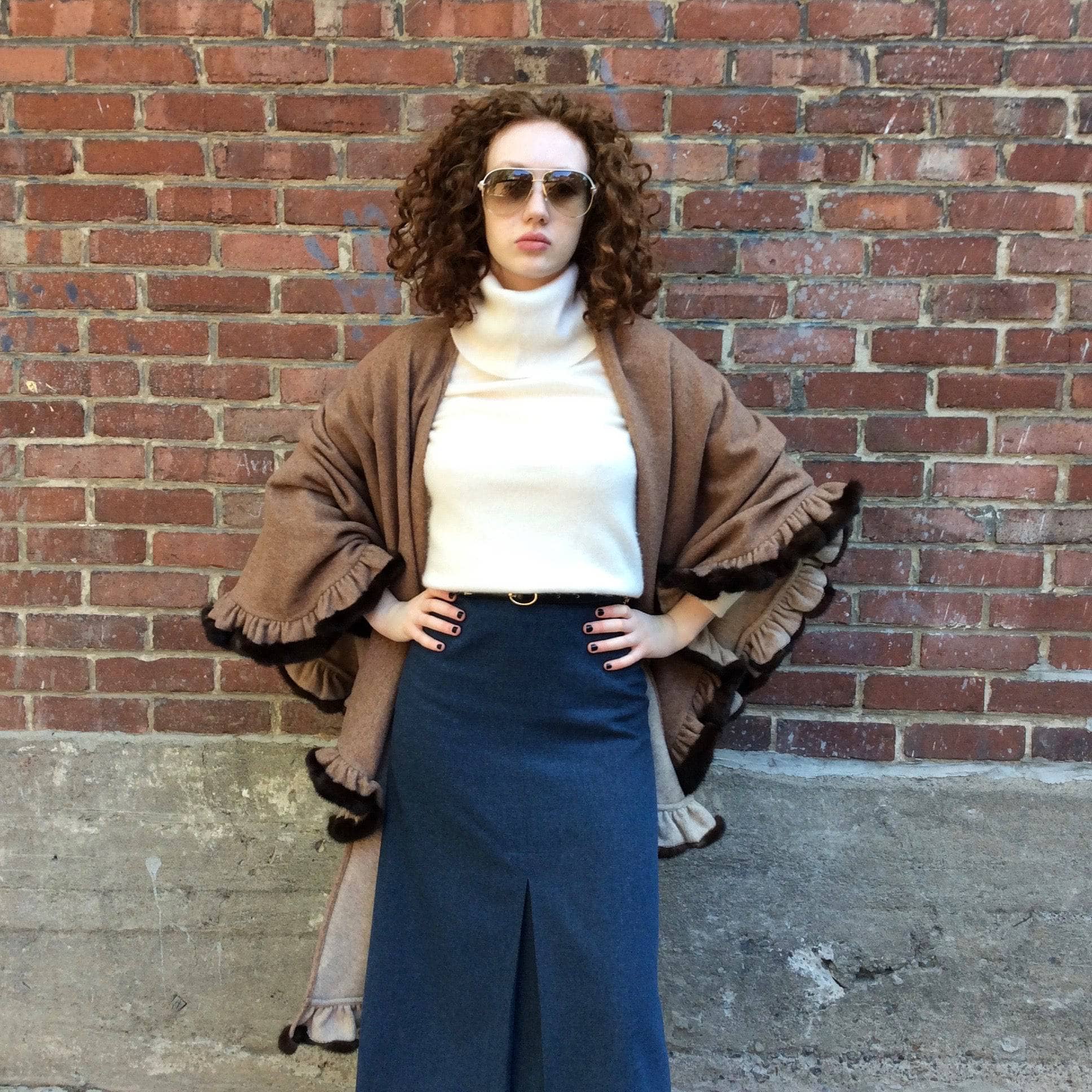 Reversible Wool Shawl With Flounce Hem & Mink Fur Trim - Image 5
