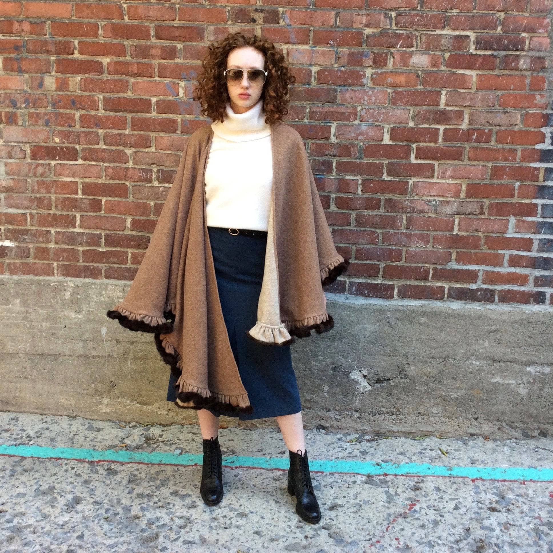 Reversible Wool Shawl With Flounce Hem & Mink Fur Trim - Image 7