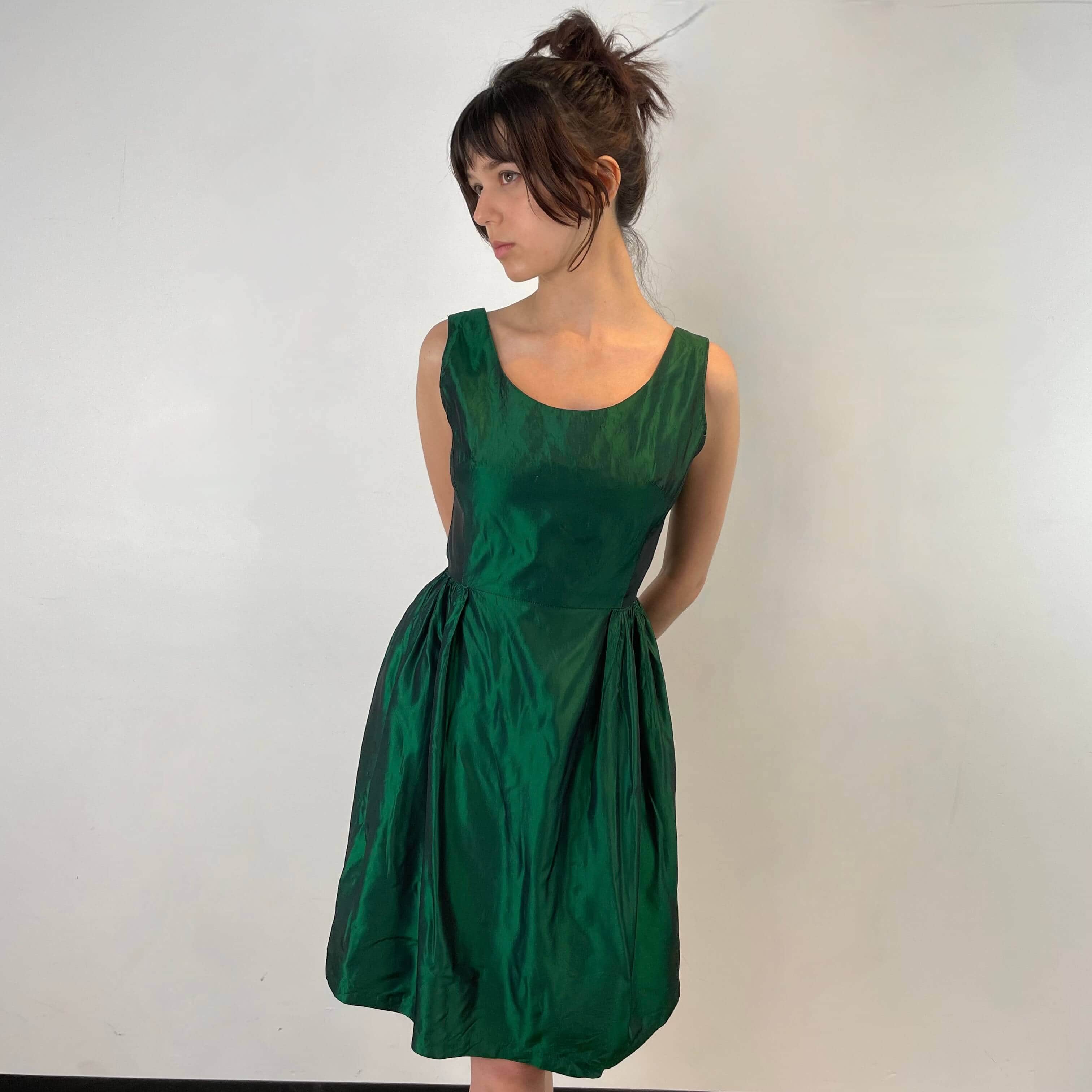 1950s Green Metallic Petite Dress Small
