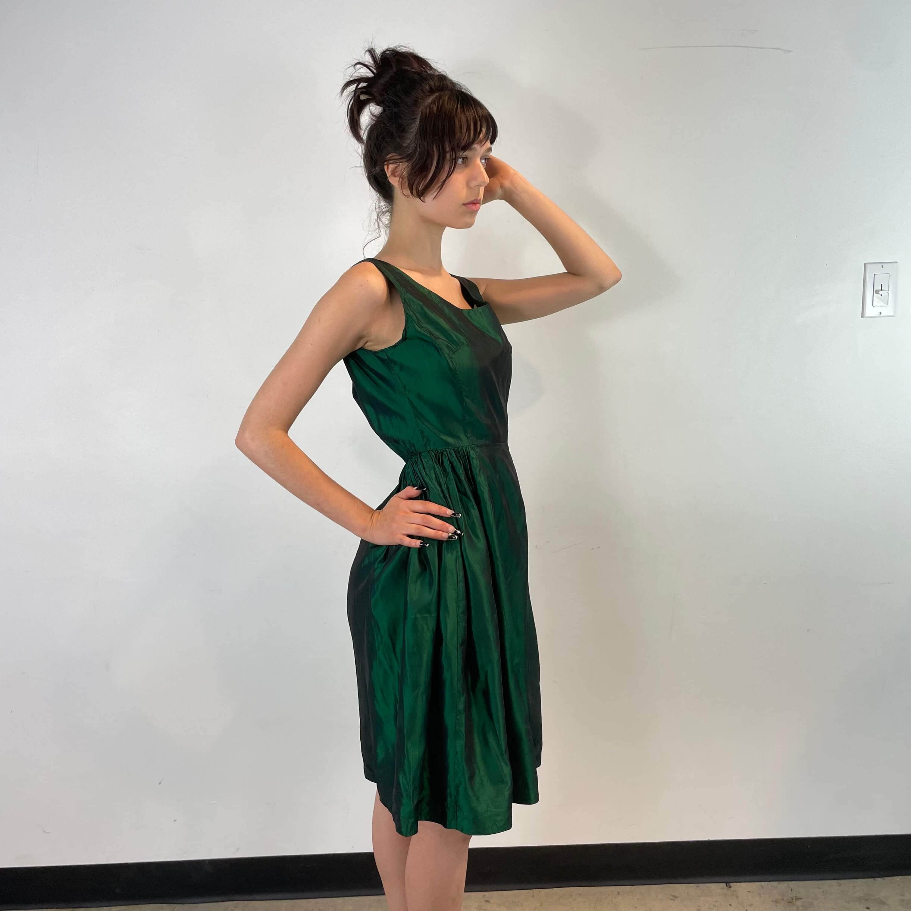1950s Green Metallic Petite Dress Small - Image 3