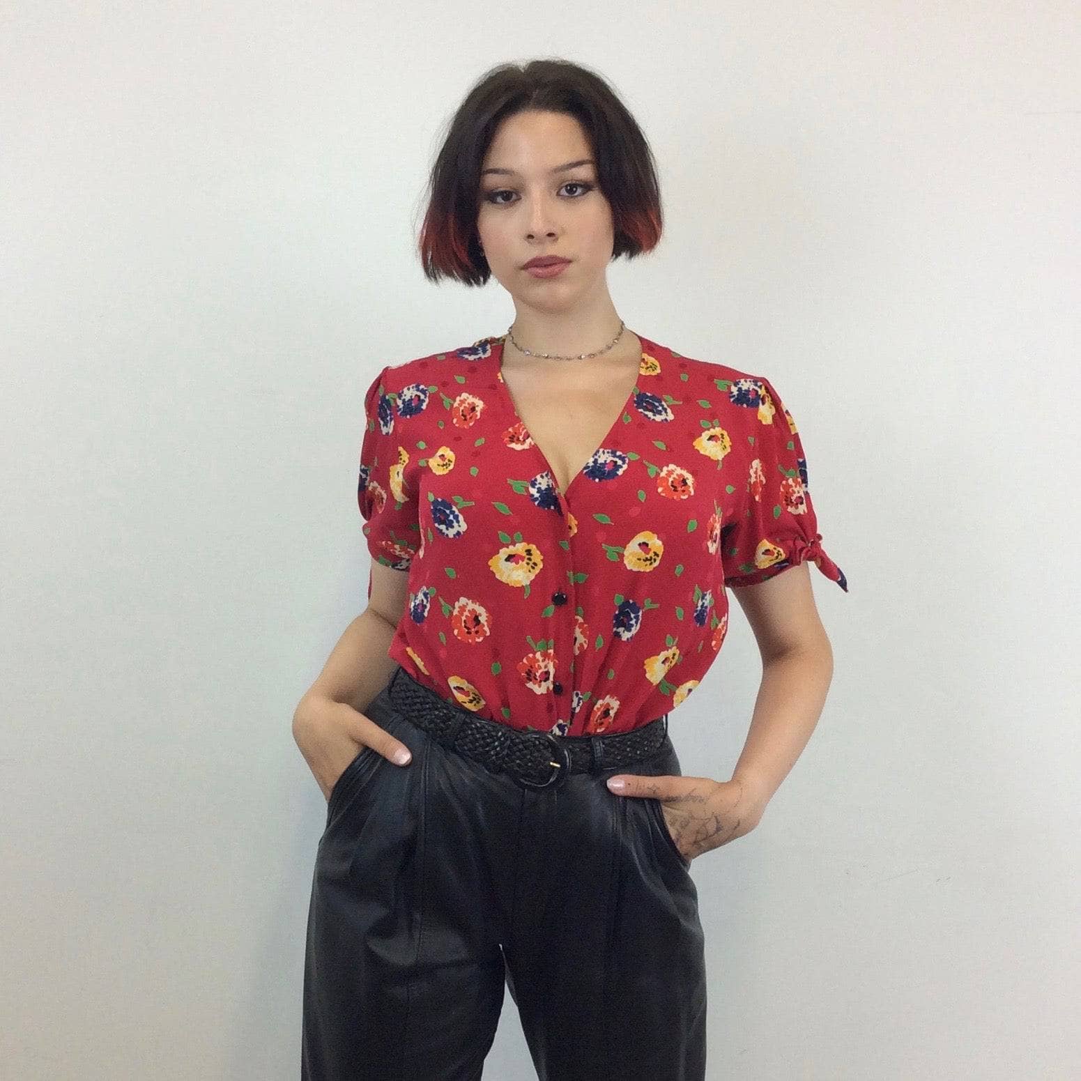 UNGARO 1980s Short Sleeve Red Silk Blouse Medium