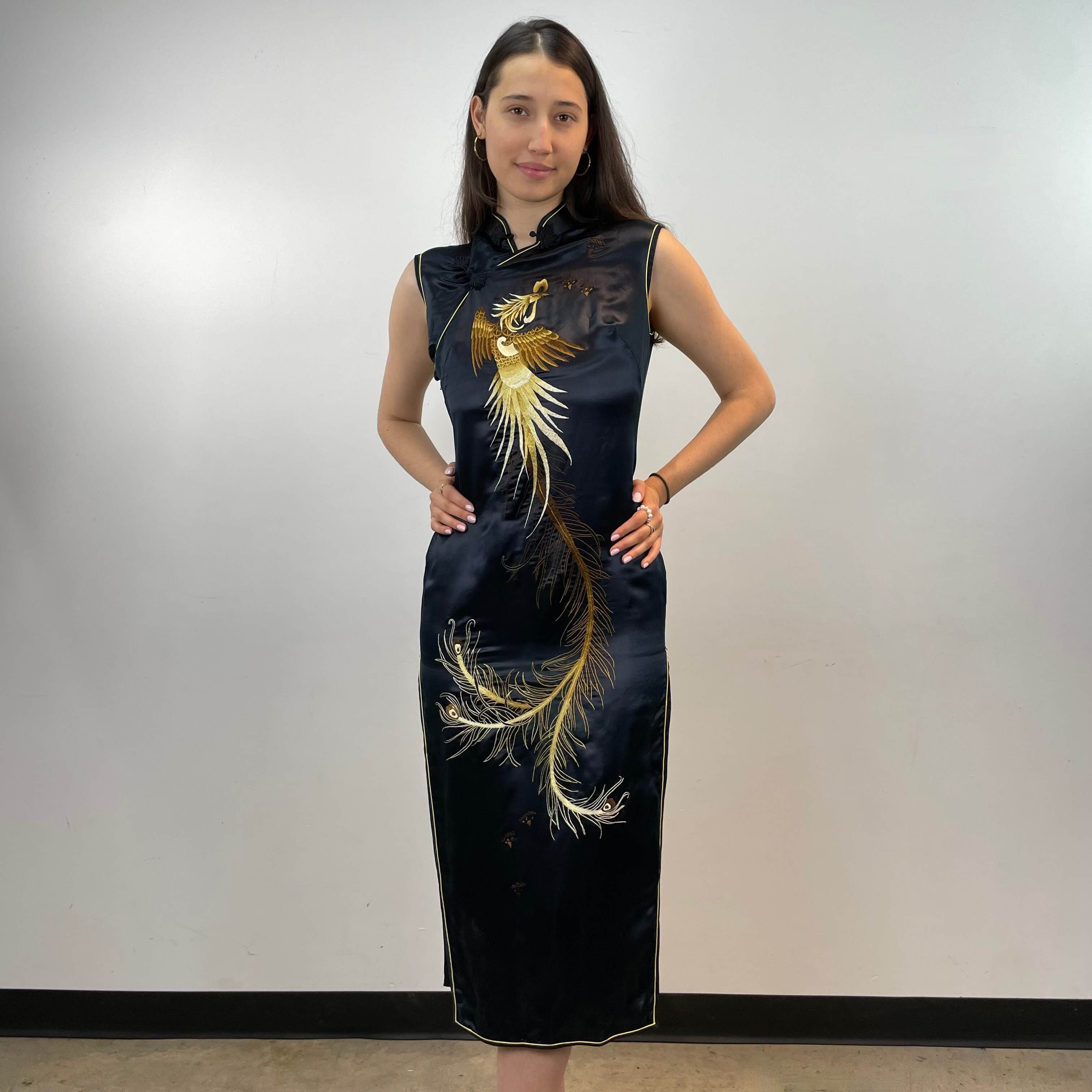 Vintage Hand Embroidered Silk Qipao Midi Dress Small-Medium